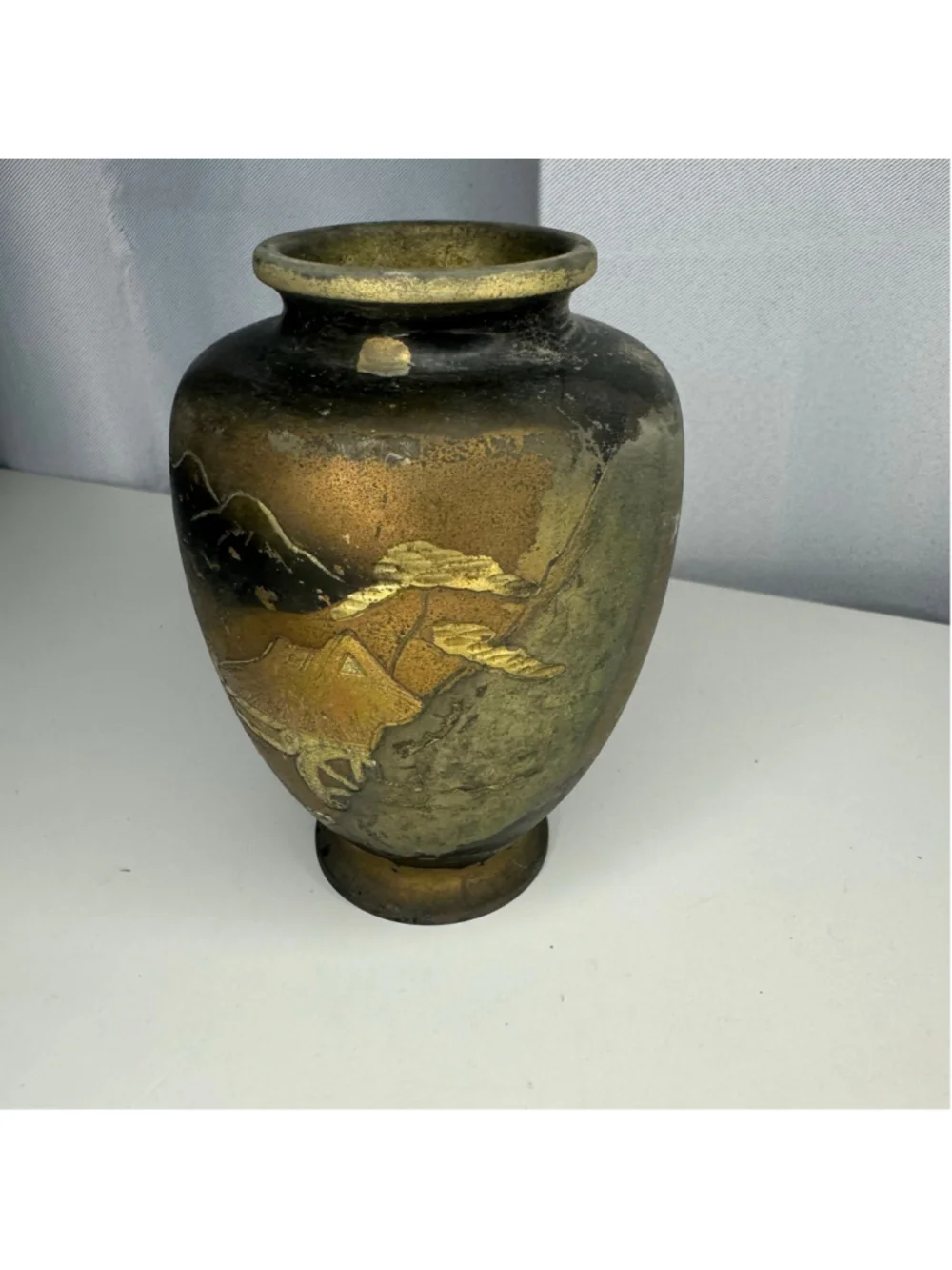 Vintage Bronze & Black Mountain Scene Mixed Metal Japanese Vase